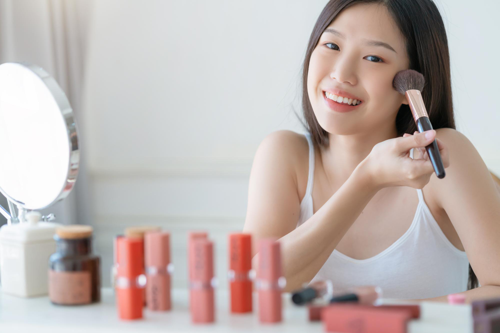 Beautiful asian woman white tshirt smile with happiness hand hold blush on and makeup cosmetic items in bedroom with healthy face skincare concept